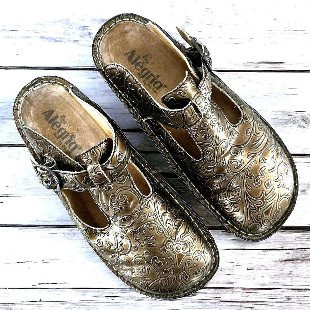 Alegria ALG-511 Lite Pewter Embossed Leather Clogs Comfort Backless 39 8.5/9
